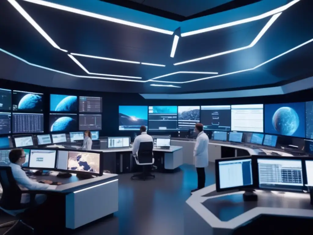Equipo de científicos y ingenieros trabajando en sala de control futurista Equipo de científicos y ingenieros en sala de control futurista trabajando en proyectos para mitigar colisiones asteroides