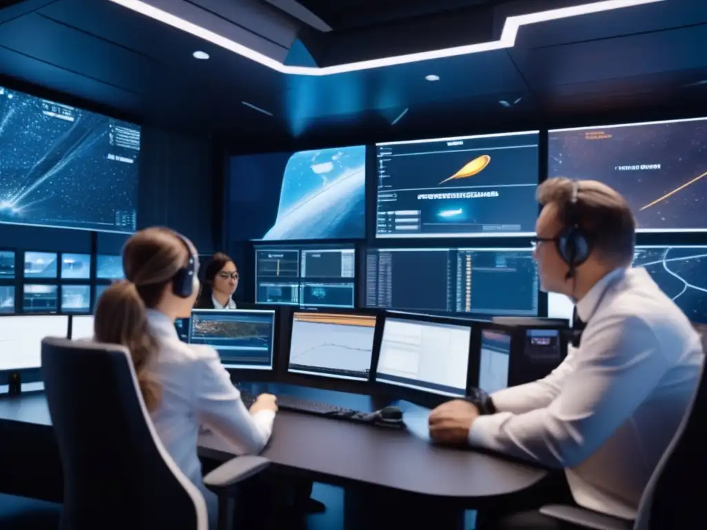 Equipo de científicos y ingenieros en sala de control de alta tecnología Equipo de expertos protegiendo la Tierra de asteroides peligrosos
