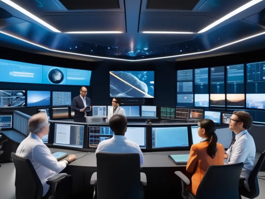 Trabajo en equipo en control de asteroides Equipos protección asteroides peligrosos trabajando en sala de control futurista