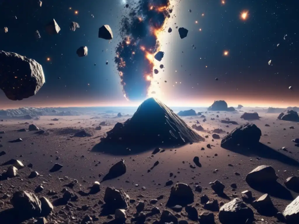 Asteroid field aftermath: Fragmented chaos Escena caótica de asteroides en el espacio, con fragmentos dispersos