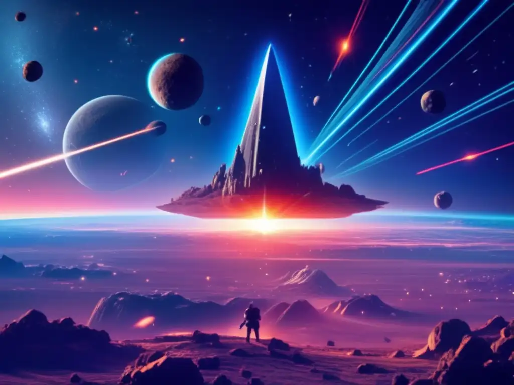 Escena cinematográfica de defensa planetaria contra asteroides
