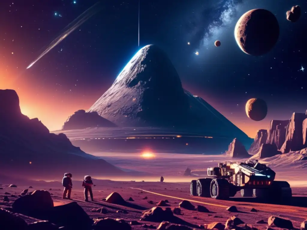 Escena cinematográfica en el espacio con asteroides mineros y astronautas