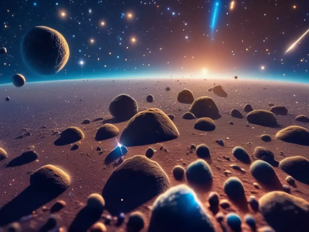 Escena cinematográfica muestra microasteroides y su extracción eficiente de recursos en el espacio