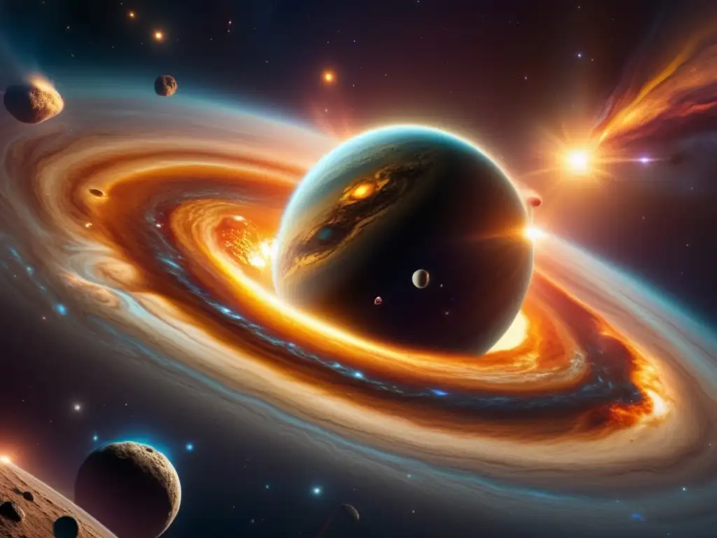 Formación del sistema solar: protostar, asteroides y planetas Escena cósmica con formación del sistema solar - Impacto asteroides tierra universo