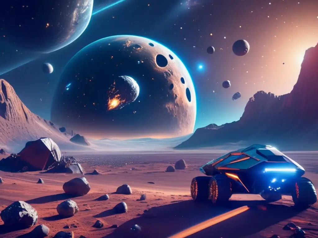 Futuro espacio minero con asteroides Escena espacial futurista: Asteroide, drones de minería, galaxias y estación espacial
