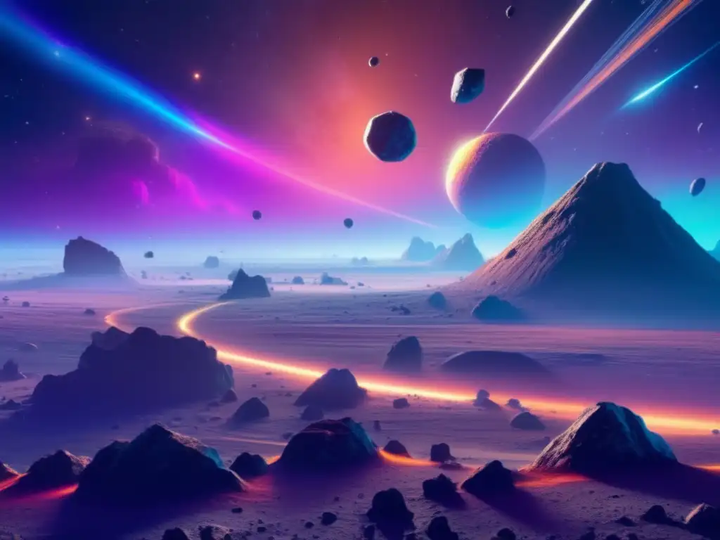 Espacio futurista con cinturón de asteroides Escena espacial futurista con cinturón de asteroides, naves espaciales y emblemas - Troyanos asteroides en cultura popular