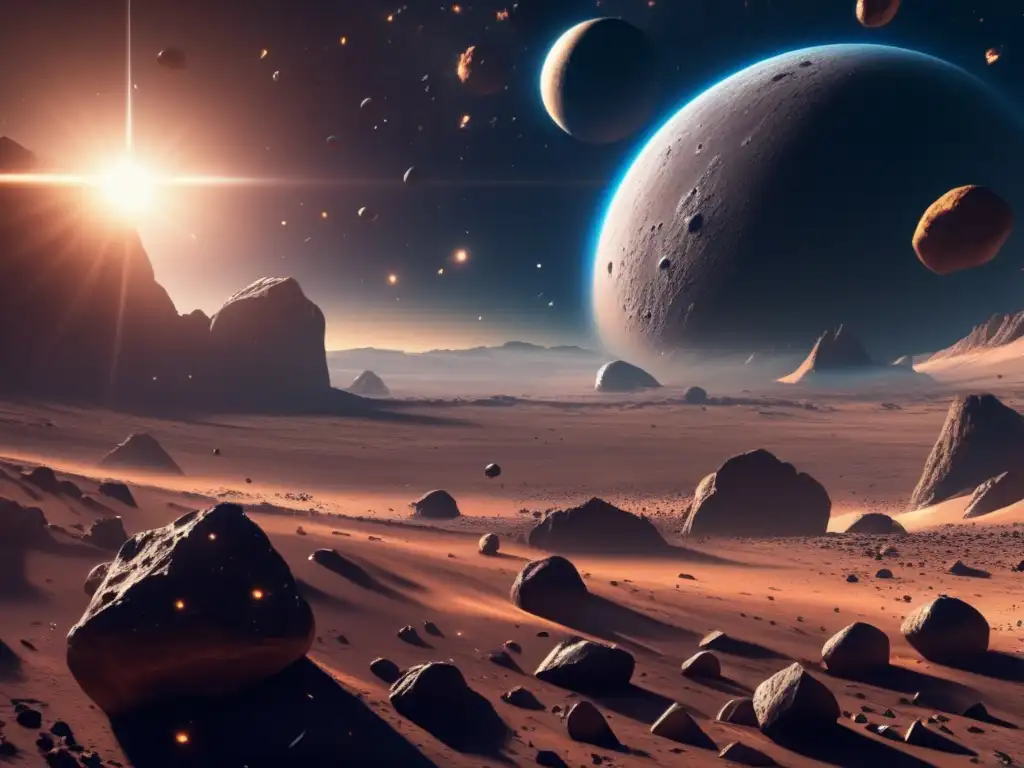 Una escena espacial impresionante con asteroides, nave espacial futurista y científicos recolectando muestras