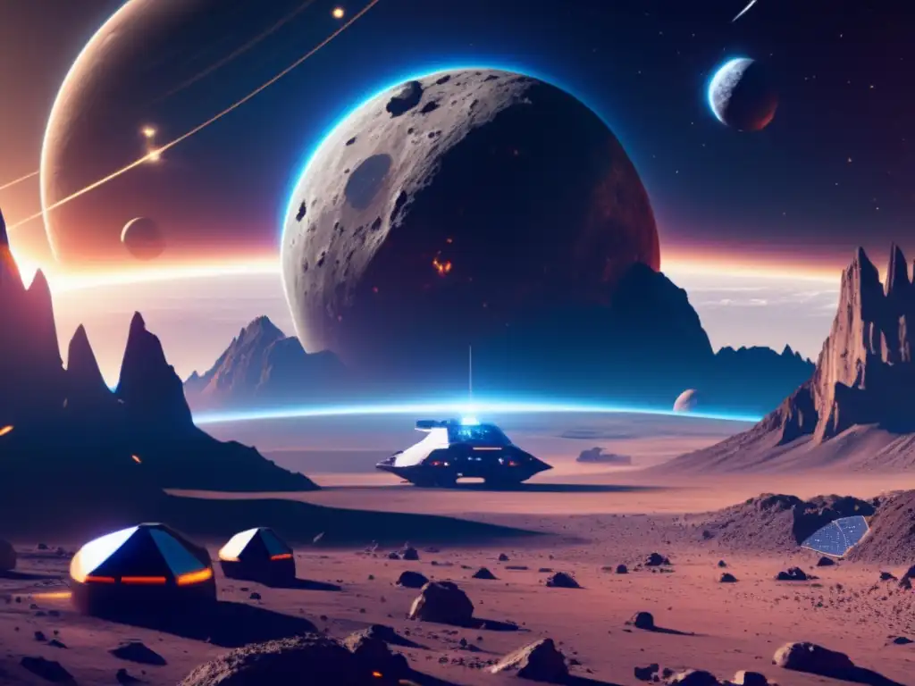 Escena espacial futurista con asteroide y estación espacial Escena futurista: asteroide gigante, maquinaria minera espacial, estación científica, galaxias
