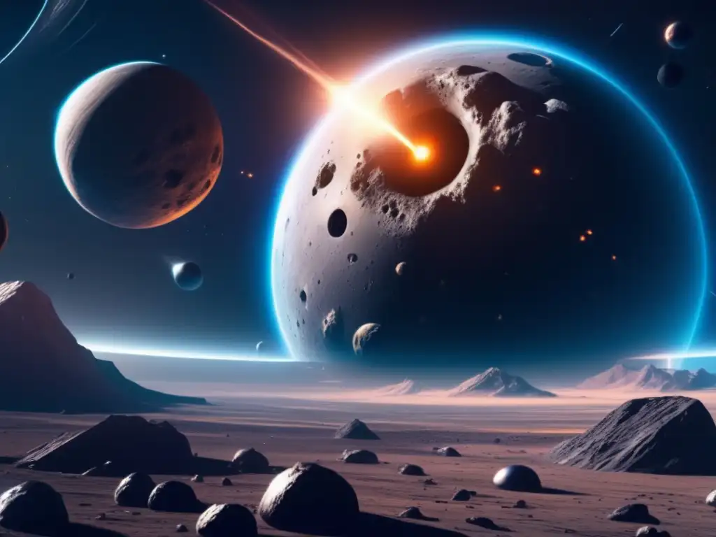 Asteroida militarizada y tensiones internacionales Escena futurista con asteroide metálico rodeado de naves espaciales y satélites en órbita