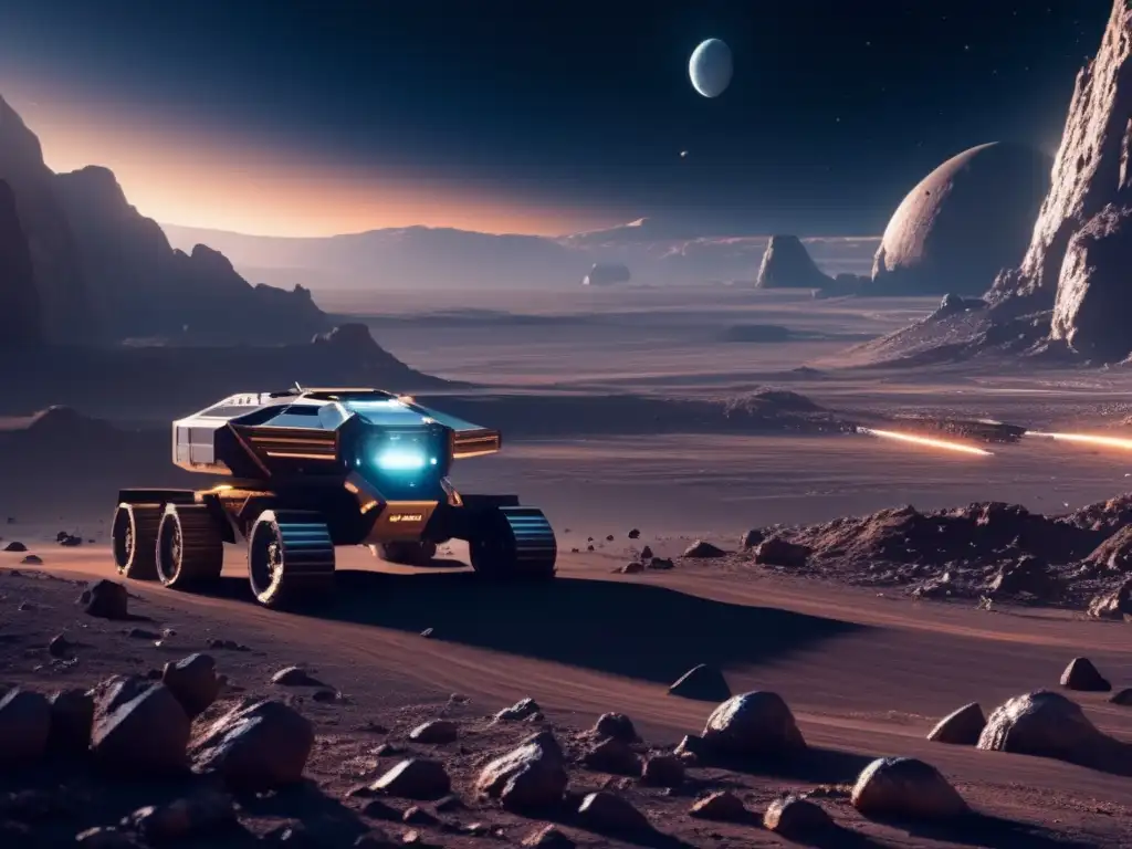 Escena futurista en asteroide: minas, estaciones espaciales, científicos y tecnología avanzada