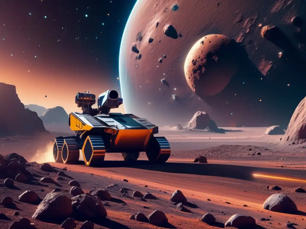 Mineros robóticos extraen minerales en asteroide Escena futurista en el espacio: Amenazas cósmicas, agencias espaciales