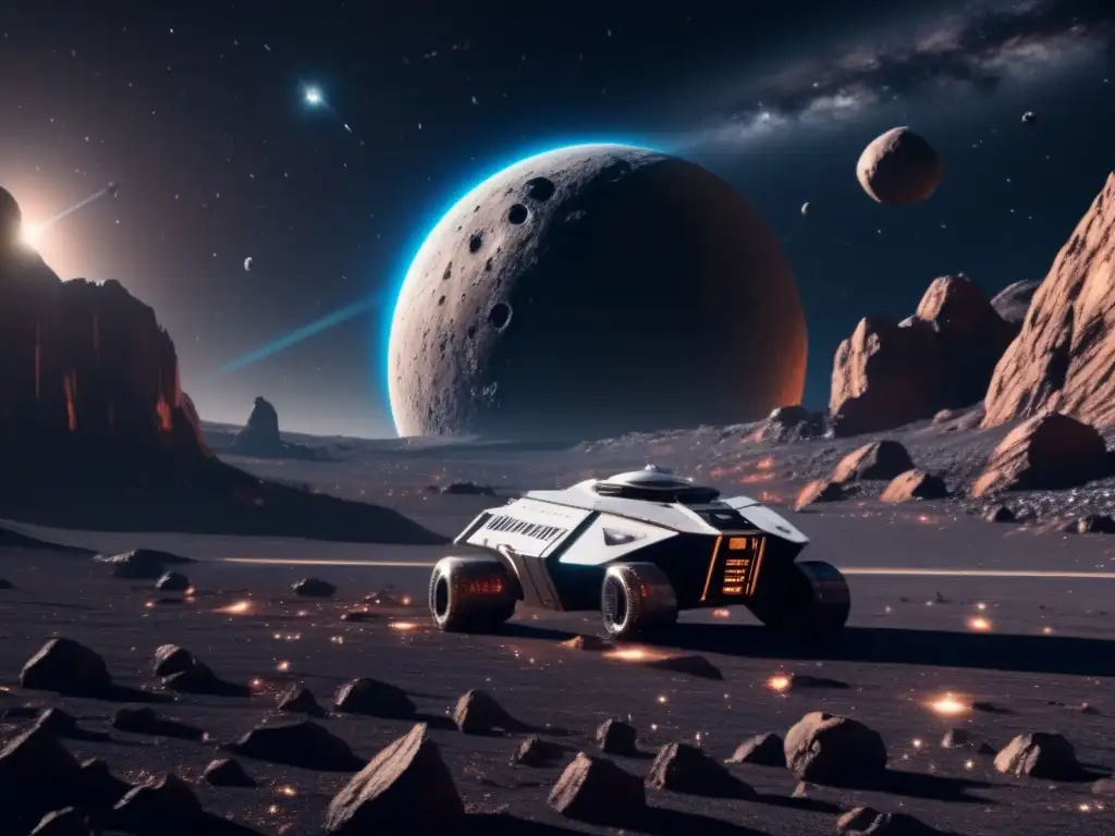 Mineria espacial y exploración científica de asteroides Escena futurista en el espacio: Defensa planetaria contra asteroides