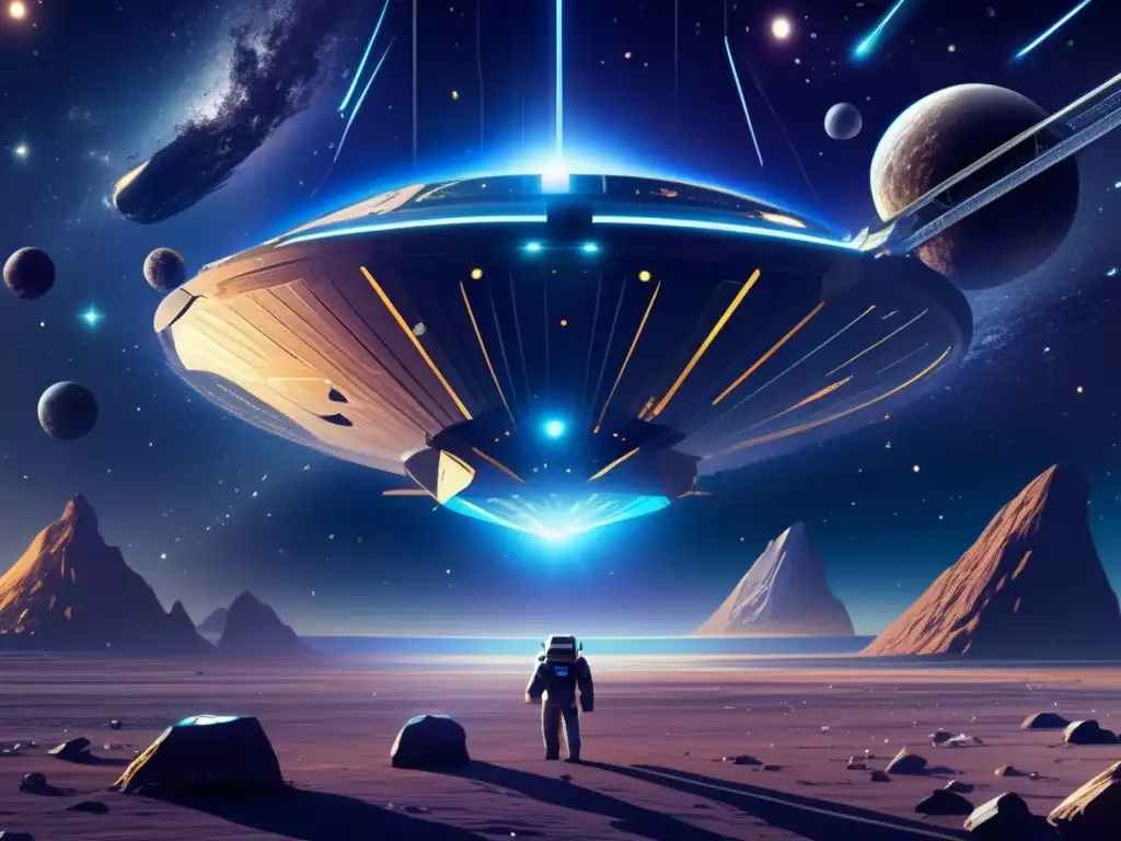 Una escena futurista de minería de asteroides en el espacio: tecnología y exploración espacial