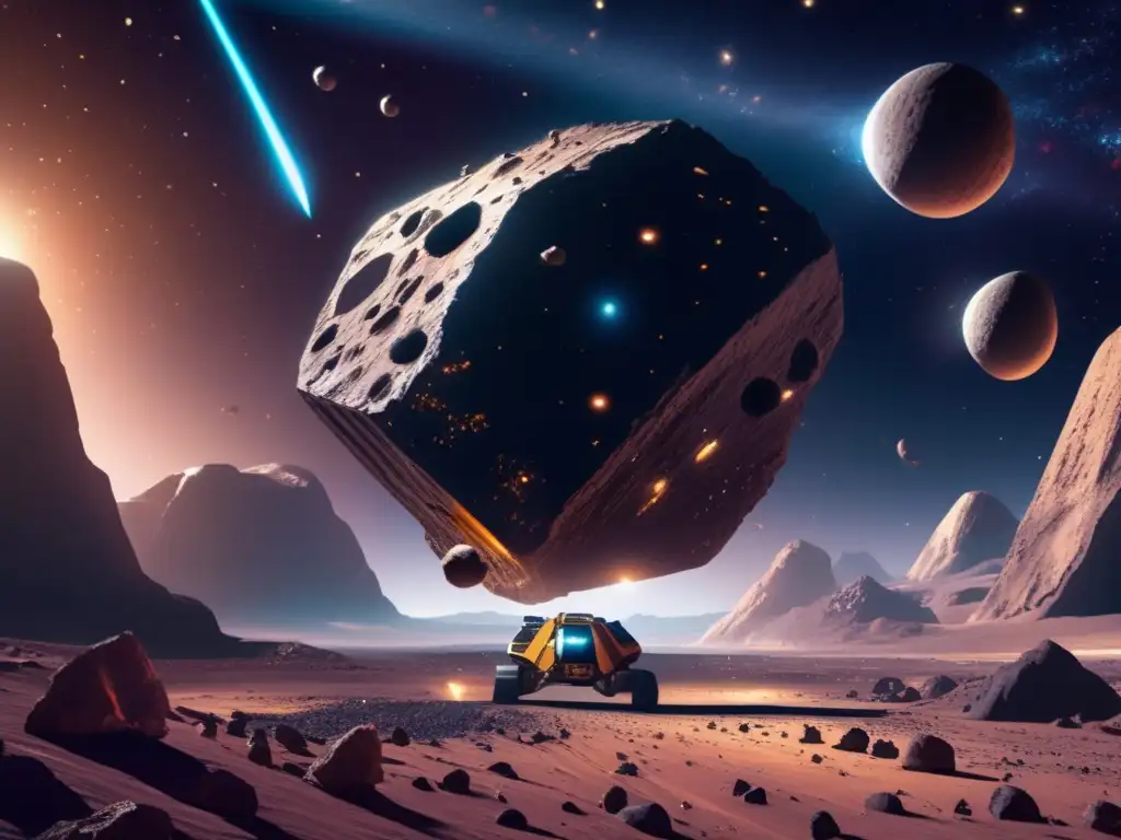 Futuro de la minería espacial en asteroides Escena futurista de minería de asteroides en los Troyanos: nave espacial minera, láseres, minerales y drones en acción