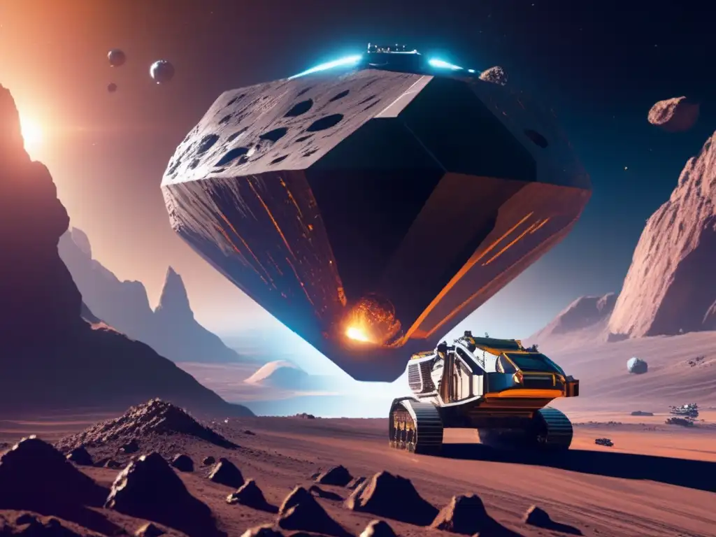 Operación minera de asteroides futurista Escena futurista de minería de asteroides con tecnología avanzada y responsabilidad legal