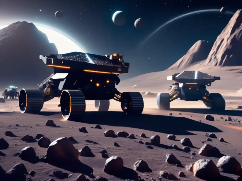 Minería espacial en asteroide con tecnología avanzada Escena futurista de extracción de recursos en asteroide - Exploración de asteroides cercanos a la Tierra