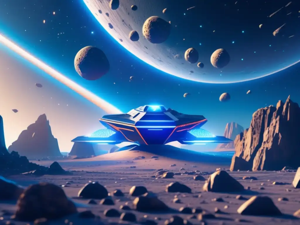Nave espacial en campo de asteroides Escena impresionante de caza de asteroides espaciales en 8k, con una nave futurista y asteroides de diferentes tamaños