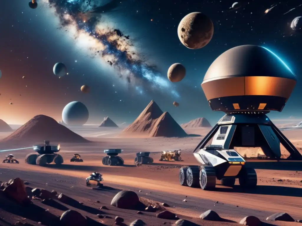 Escena de minería espacial en asteroide: beneficios y tratados internacionales