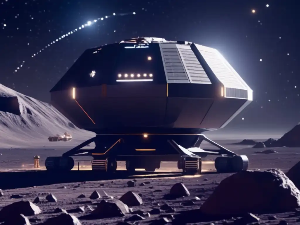 Escena de minería espacial futurista en asteroide