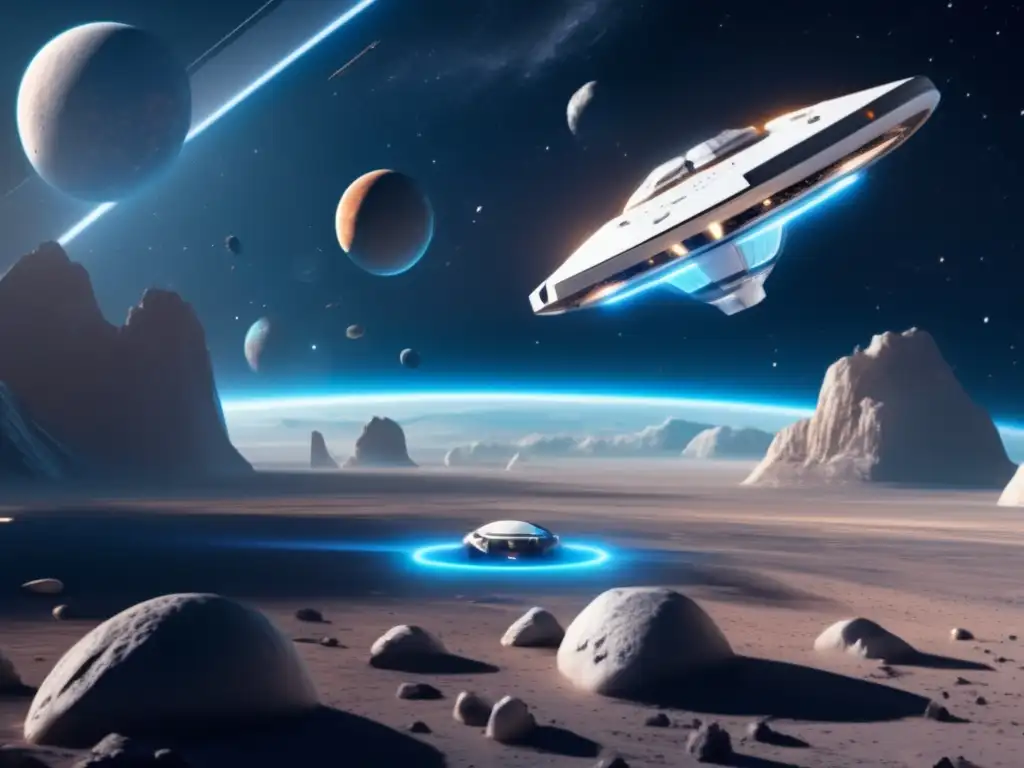 Nave espacial futurista con tecnología de propulsión nuclear Escenario espacial futurista con nave espacial blanca en el centro, propulsión nuclear azul y asteroides