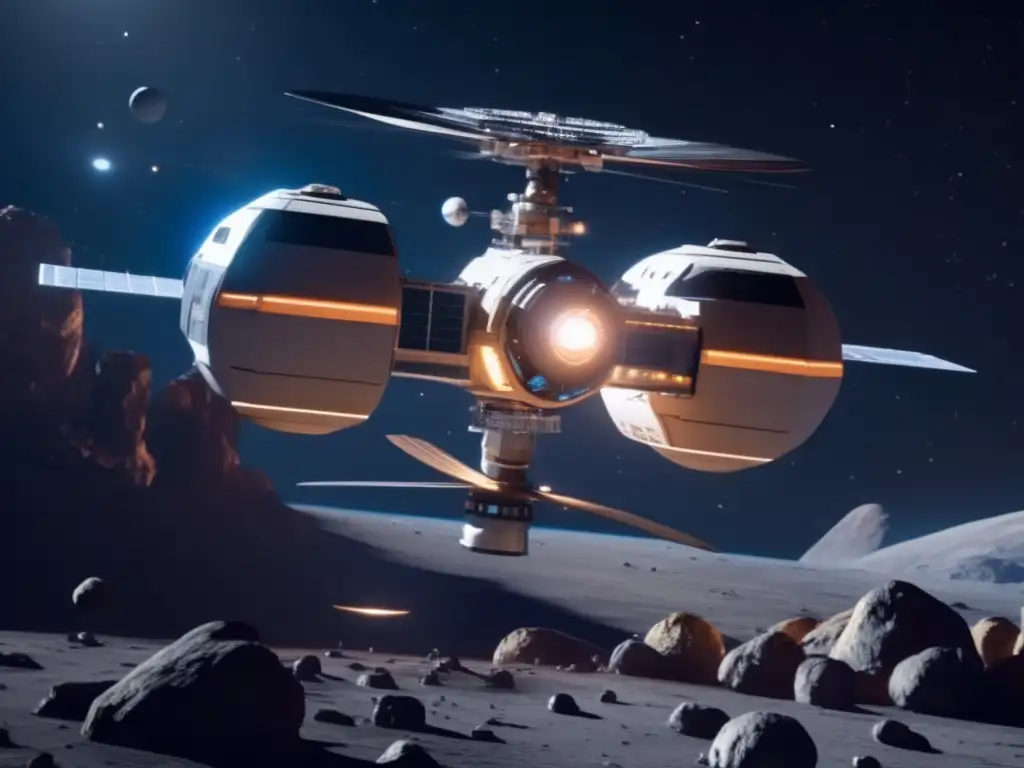Estación espacial y asteroide en una escena de exploración comercial de asteroides