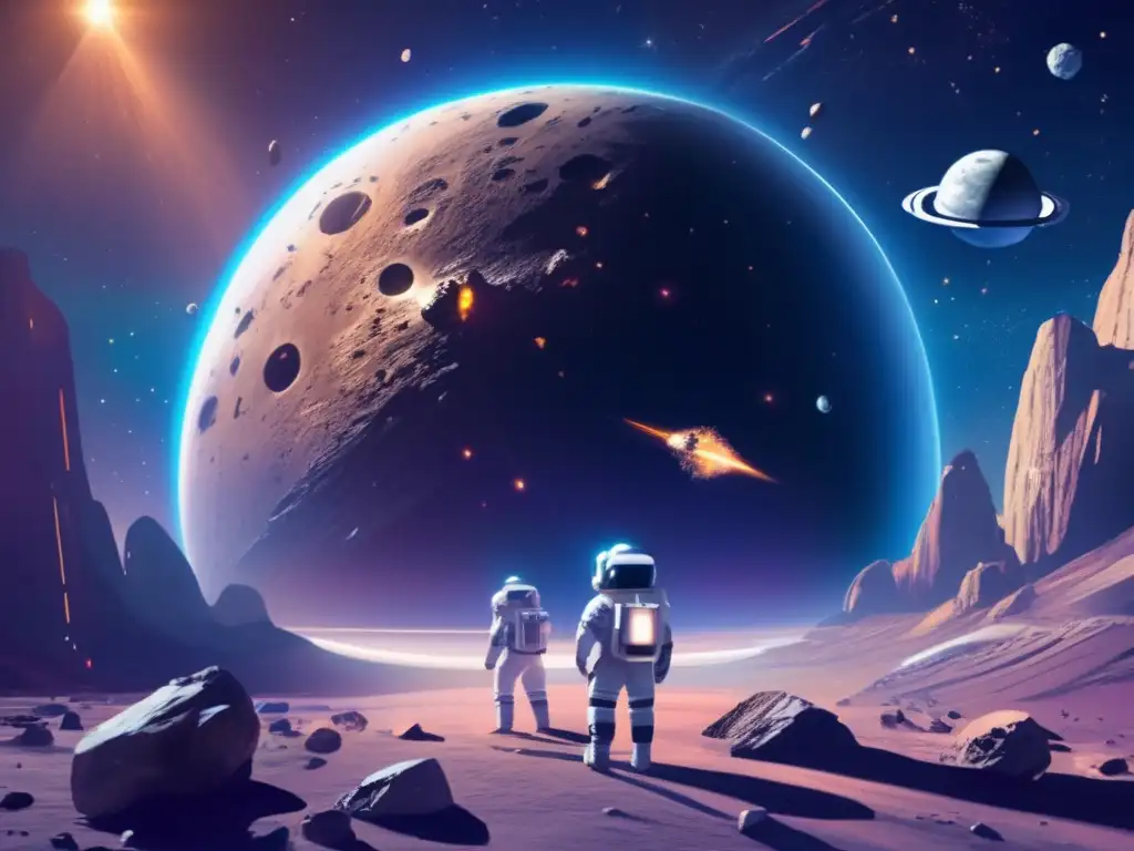 Estación espacial en asteroide Colonización espacial con asteroides: escena futurista con asteroide metálico, estación espacial y astronautas en el espacio