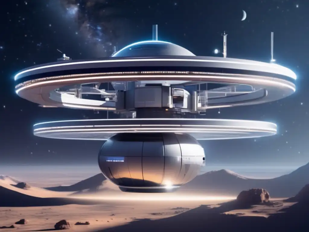 Estación espacial futurista en el espacio Innovación material en colonización espacial mediante asteroides: una estación espacial futurista en el espacio rodeada de estrellas