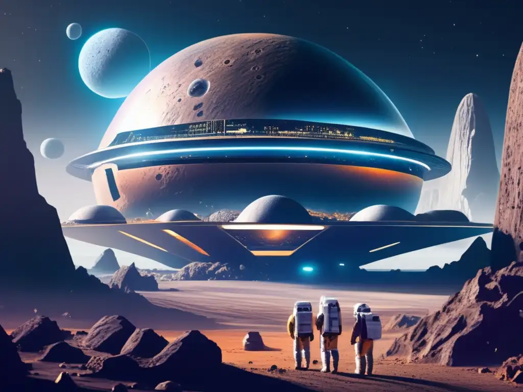 Futuro espacio-colonia en asteroide Colonización espacial con asteroides: Futurista colonia construida en asteroide con tecnología avanzada, vegetación exuberante y energía solar