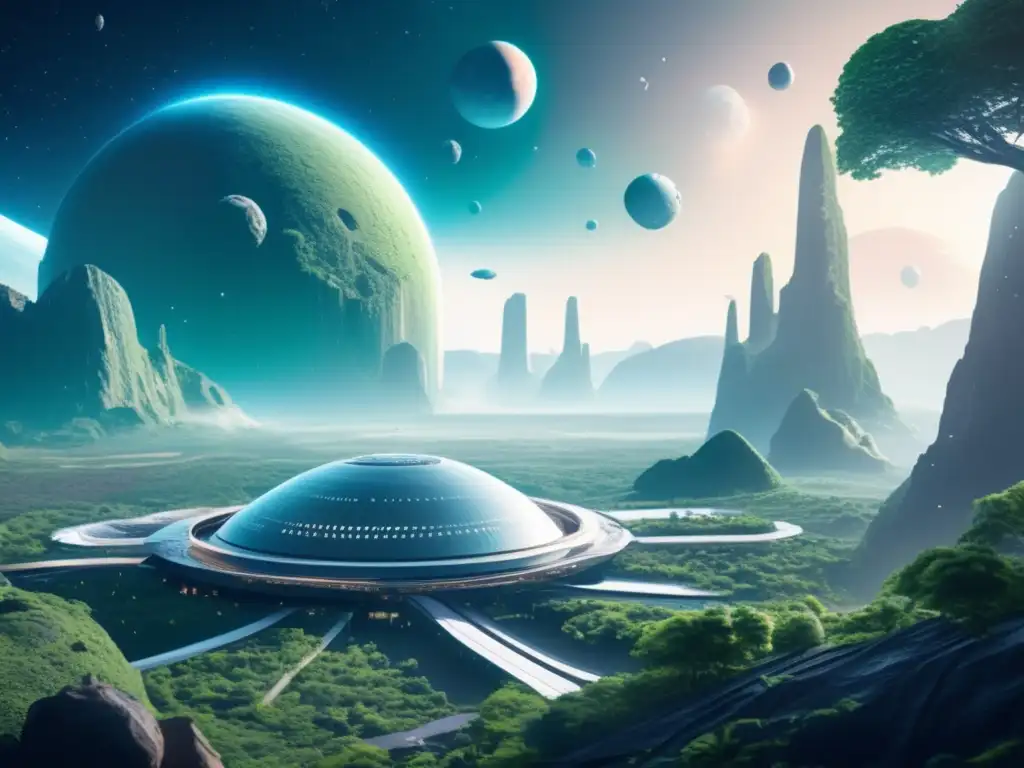 Futuro espacio colonia en asteroide Colonización espacial con asteroides: Futurista colonia espacial en asteroide 8k con paisajes verdes, estructuras modernas y actividad científica