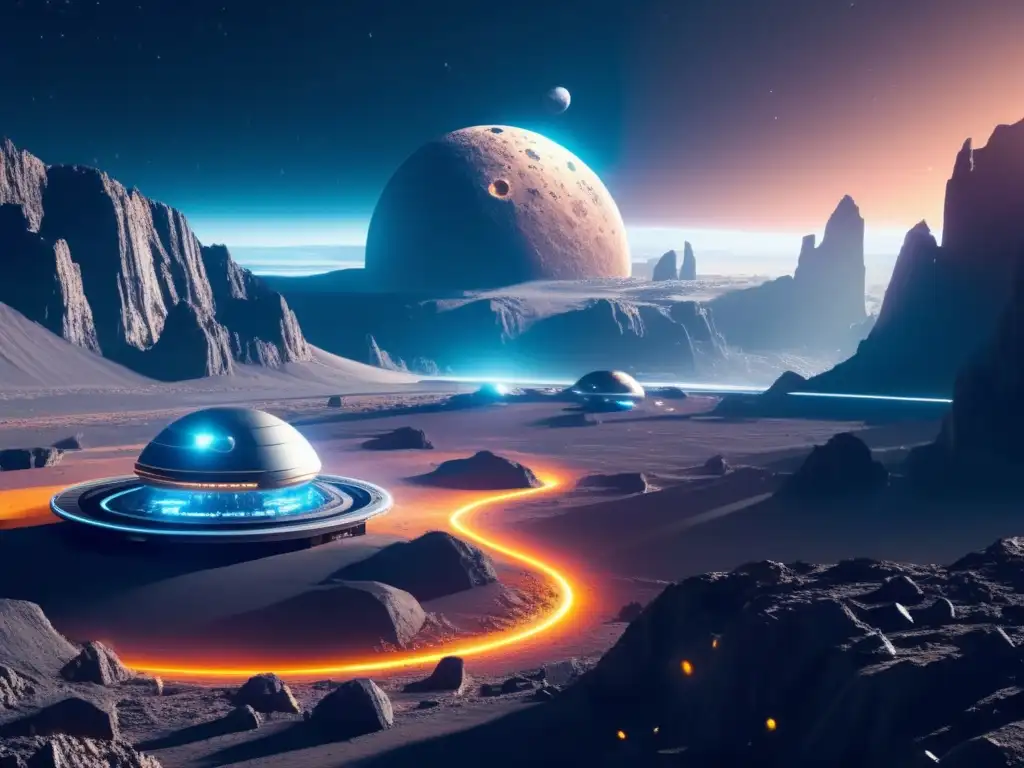 Futuro de la colonización espacial en asteroide Innovación material en colonización espacial mediante asteroides: Futurista colonia espacial en asteroide, con estructuras metálicas y paisaje rocoso