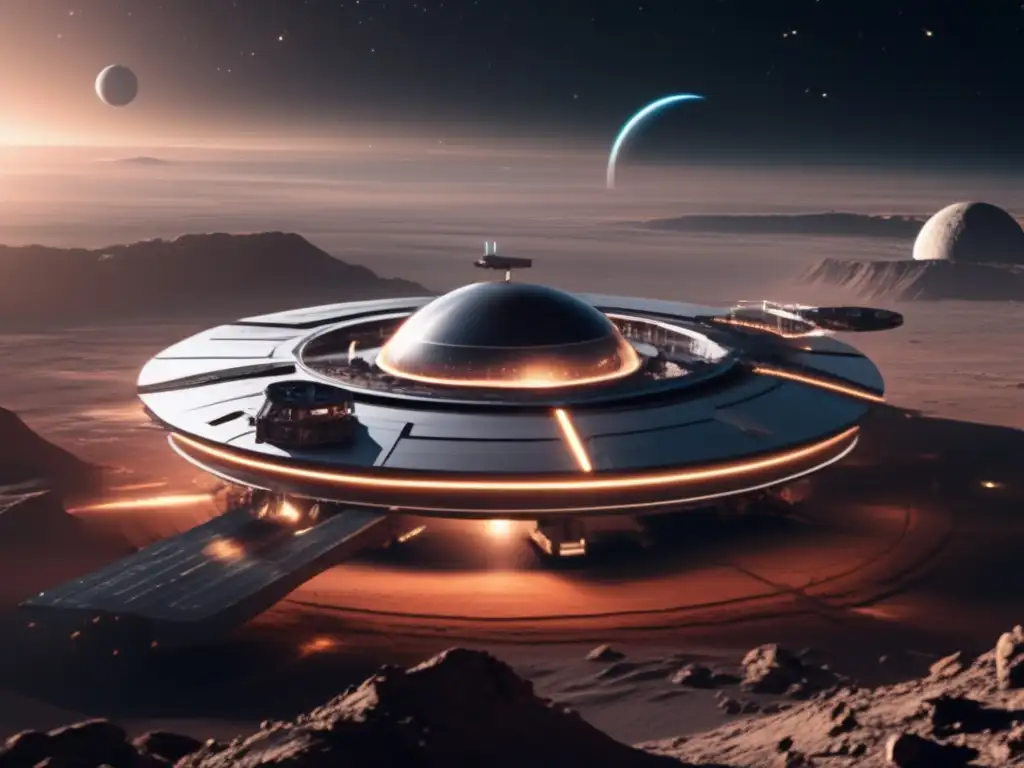 Estación espacial futurista sobre paisaje desolado - Innovación material en colonización espacial mediante asteroides