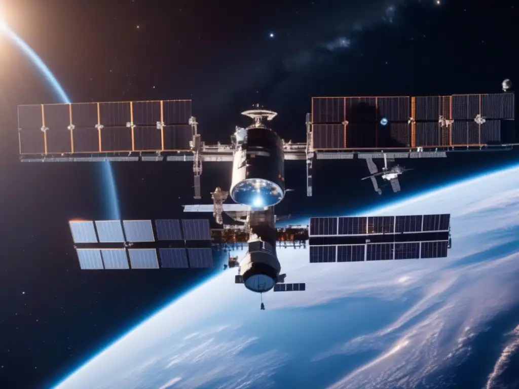 Avanzada estación espacial y defensa Estación espacial avanzada con energía solar y defensa ante asteroides