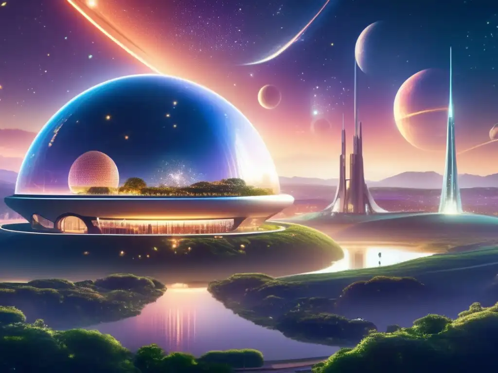 Futuro espacio colonia iluminada en universo estrellado Exploración espacial: ética y colonización en un futuro de domos interconectados, naturaleza exuberante y transporte eficiente