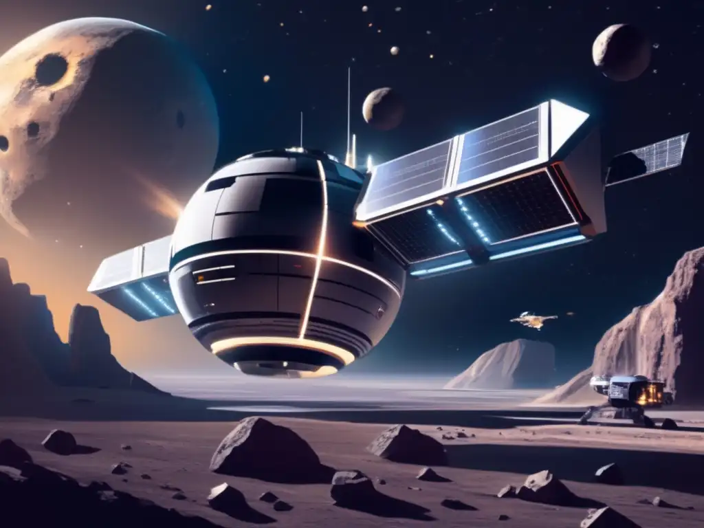 Estación espacial futurista en asteroide Estación espacial futurista orbitando asteroide