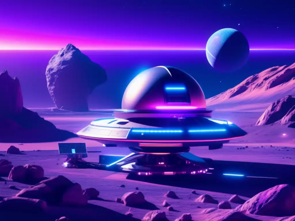 Estación espacial futurista orbitando asteroide Estación espacial futurista en asteroide con automación y IA