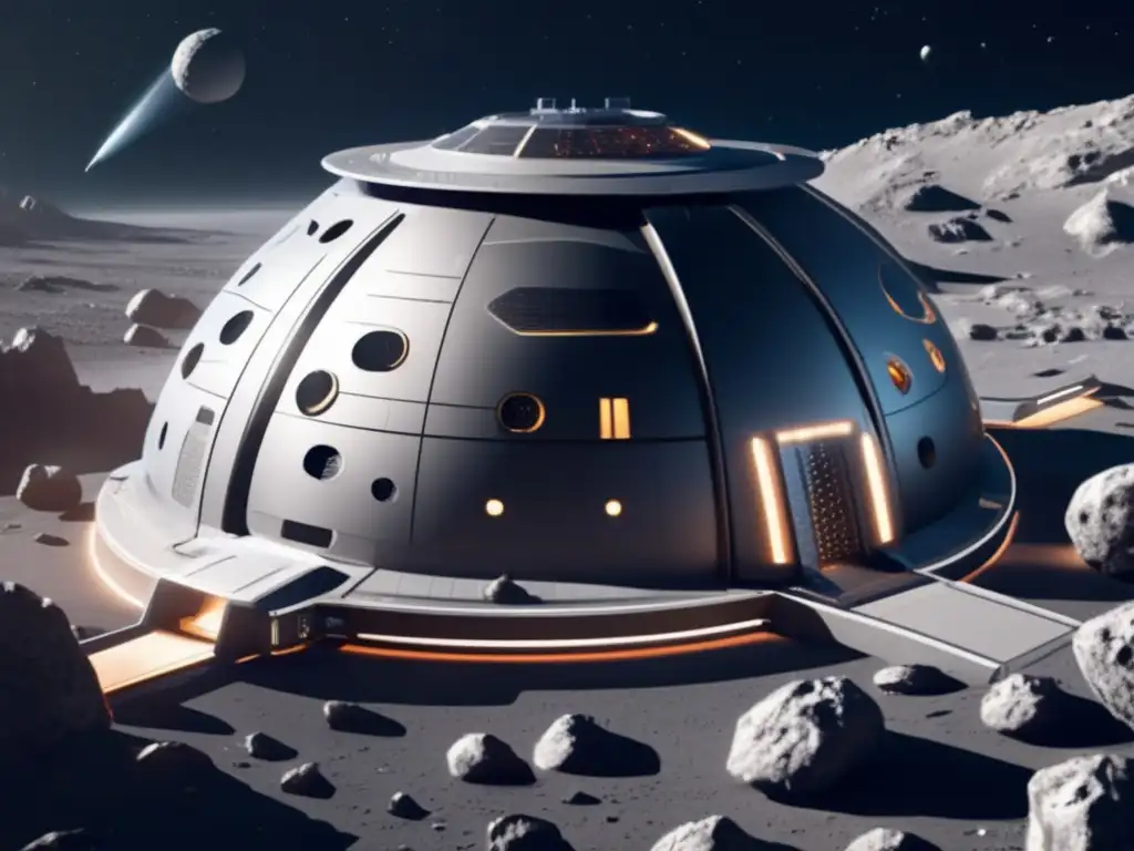 Estación espacial futurista orbitando asteroide Estación espacial futurista orbitando asteroide, regulación armas militares en asteroides