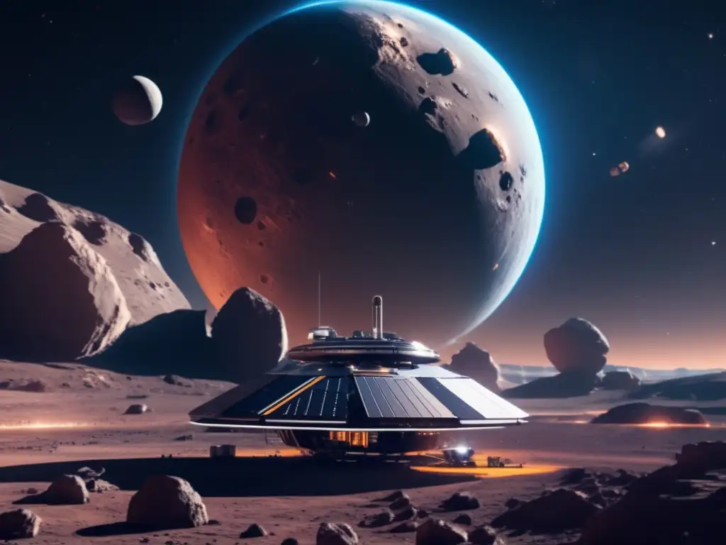 Estación espacial futurista en asteroide Estación espacial futurista orbitando asteroide: Exploración y explotación de asteroides