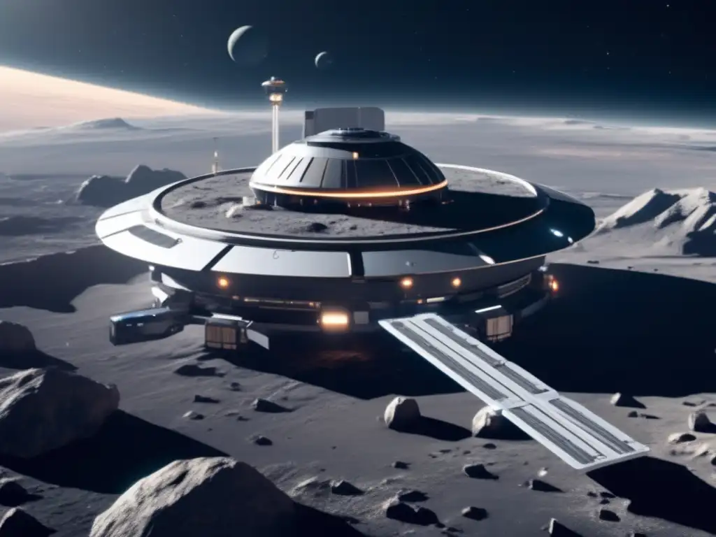 Estación espacial futurista en asteroide Estación espacial futurista orbita asteroide, mina y busca asteroides para minería espacial