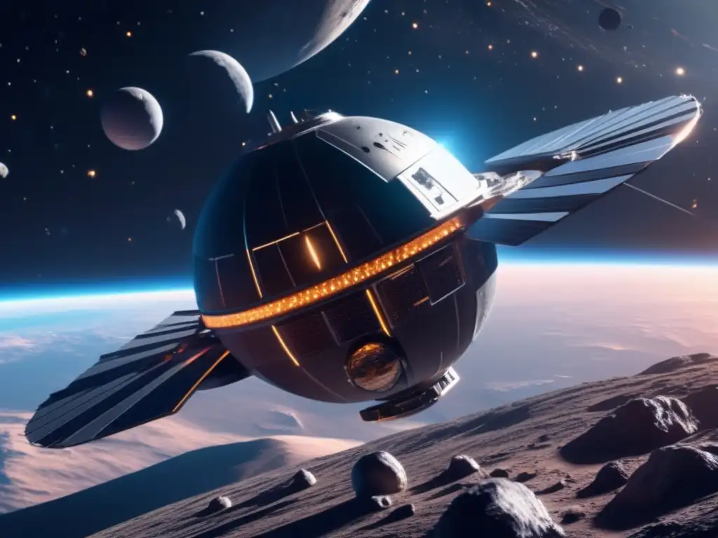 Estación espacial futurista en asteroide Estación espacial futurista y asteroide: Exploración de asteroides para energía de fusión