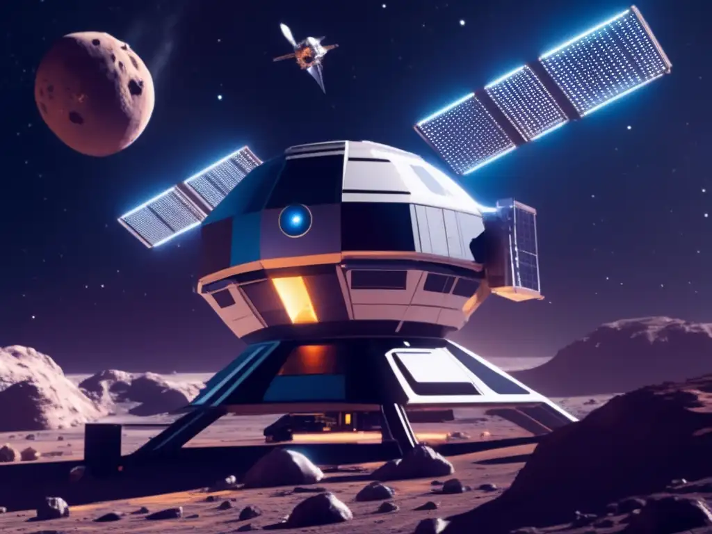 Estación espacial futurista orbitando asteroide, con astronautas, exploración y colonización de asteroides