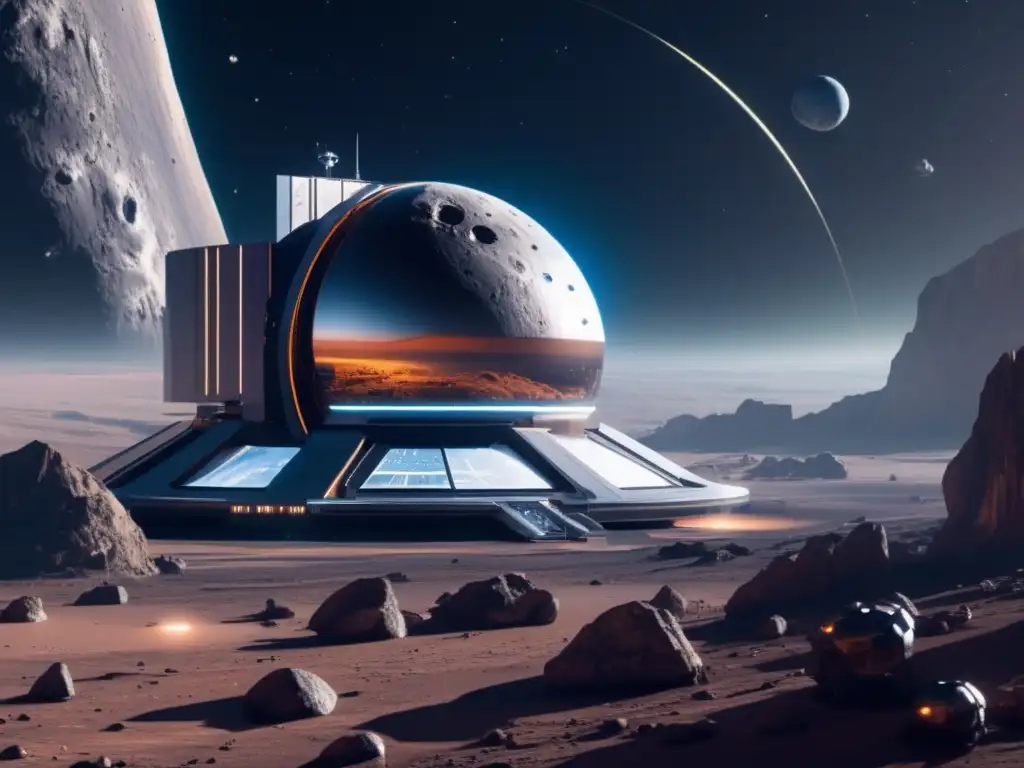 Estación espacial futurista orbita asteroide, con astronautas, exploración y colonización de asteroides
