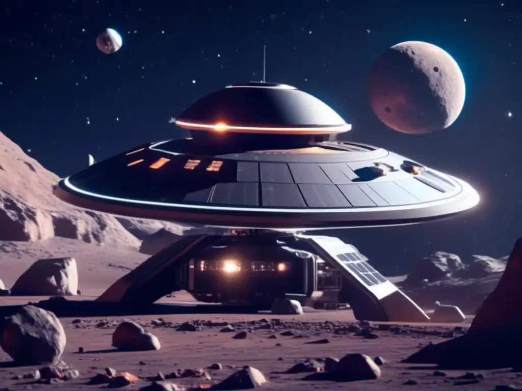 Estación espacial futurista orbitando asteroide Estación espacial futurista orbitando asteroide, astronáutas colaborando en investigación