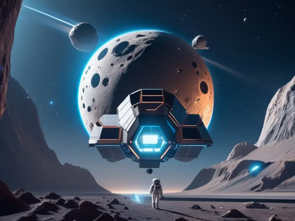 Estación espacial futurista orbitando asteroide, con astronautas flotando en túneles transparentes