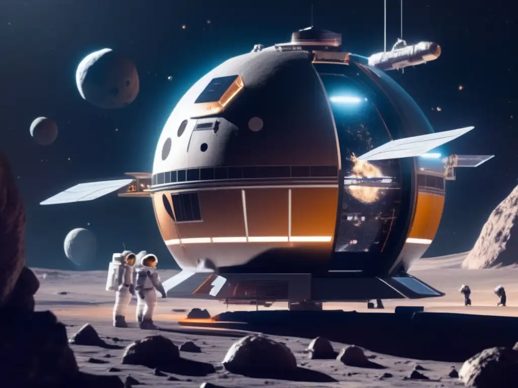 Estación espacial futurista orbitando asteroide Estación espacial futurista orbita asteroide, astronautas realizan explotación y experimentos en cráteres, potencias mundiales