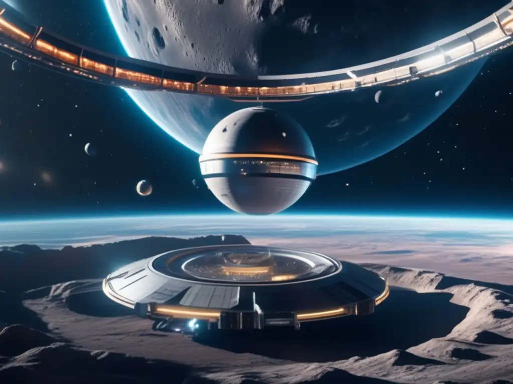 Estación espacial futurista orbitando asteroide Estación espacial futurista y asteroide en cinturón vibrante - Asteroides Troyanos potencial económico