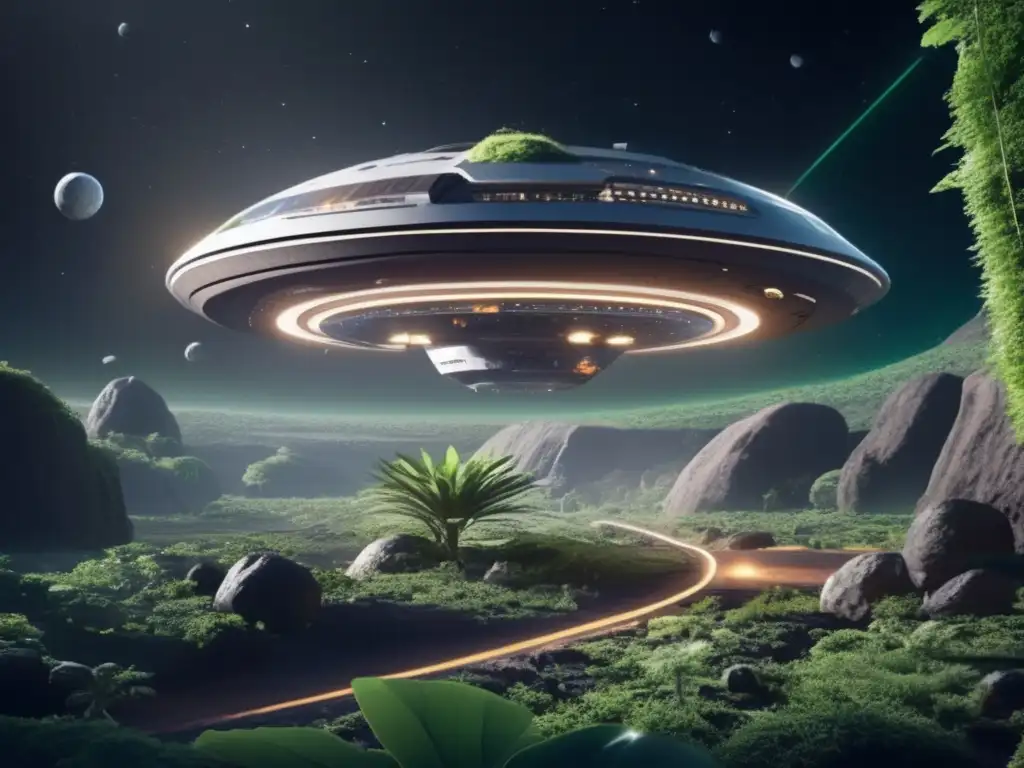Estación espacial futurista en asteroide con vida vegetal Estación espacial futurista en asteroide: coexistencia entre tecnología humana y belleza natural - Terraformación de asteroides: futuro espacial