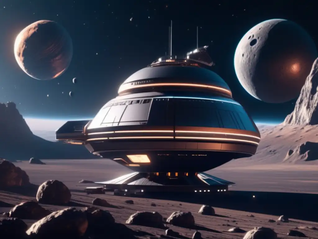 Estación espacial futurista orbitando asteroide, preparación defensa planetaria asteroides