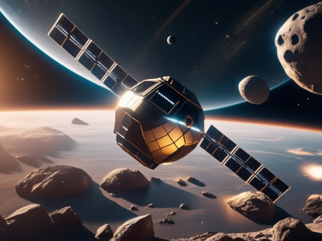 Estación espacial futurista orbitando asteroide Estación espacial futurista y asteroide energético: Exploración de asteroides para energía de fusión