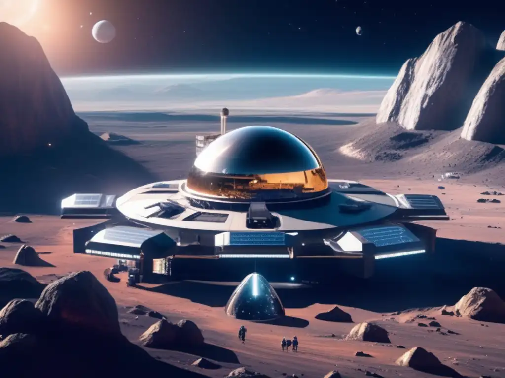 Estación espacial futurista en asteroide con paisaje cósmico Estación espacial futurista en asteroide, con equipo de minería y científicos realizando experimentos