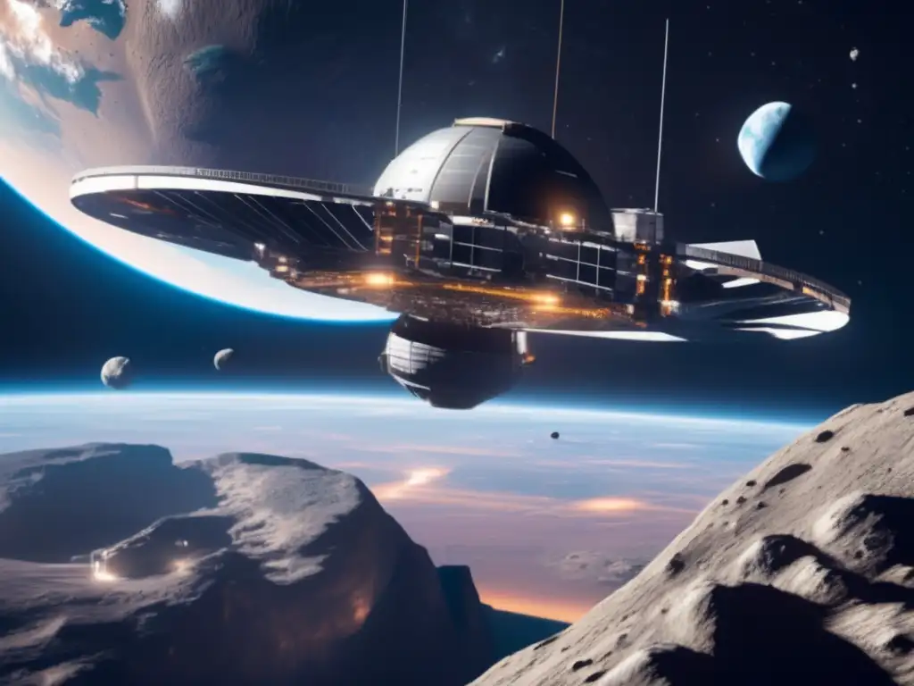 Estación espacial futurista orbitando asteroide: exploración espacial asteroides ética planetaria